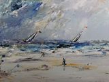 a painting of people on the beach flying kites