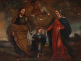 un tableau représentant un homme, une femme et un enfant dans un paysage