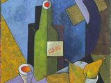 painting of a still life with a bottle of wine and pears on a table