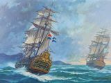 painting of two ships in the ocean near each other