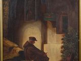 an oil painting of a man sitting in a cave reading a book