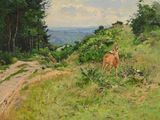 un tableau représentant un cerf debout sur une colline