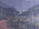 a painting of a dirt road with trees and mountains in the background