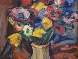 une peinture de fleurs dans un vase sur une table
