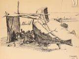 esquisses d'un dessin représentant un bateau sur une plage, avec un homme debout à côté