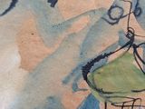 a drawing of a woman sitting at a table with a cat