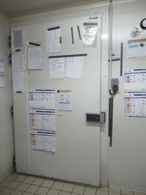 a white door with a bunch of papers on it