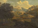 peinture représentant un paysage montagneux avec, au premier plan, du bétail en train de paître et, à l'arrière-plan, un paysage lointain