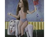 a painting of a woman riding a horse with a dog