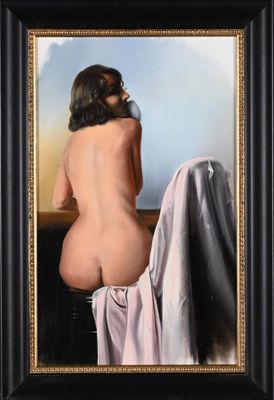 tableau représentant une femme nue assise sur une table, avec une serviette