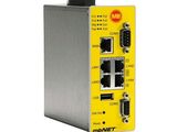 a close up of a yellow ethernet switch on a white background