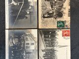 four old black and white photos of a train on a train track