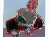 a painting of a man driving a toy car
