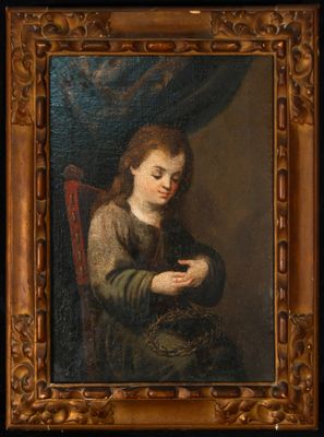 une peinture à l'huile représentant un jeune garçon tenant un oiseau dans la main