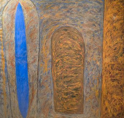 une image représentant une peinture d'une porte avec une planche de surf à l'intérieur