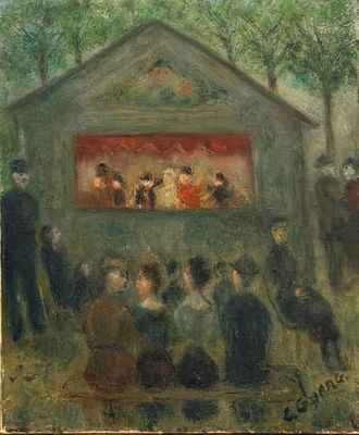 une image représentant un tableau où l'on voit un groupe de personnes devant un bâtiment