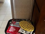 a chair with a tray of food on top of it