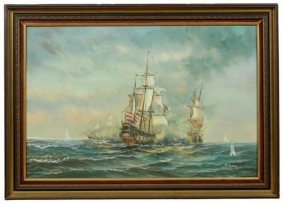 a painting of two ships in the ocean with a sky background