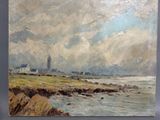 tableau représentant une vue de plage avec un phare au loin