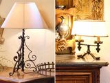 deux photos d'une table sur laquelle se trouve une lampe et une photo d'un miroir accroché au mur