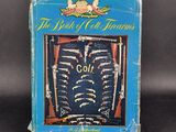 an old book with a picture of guns on it on a black background