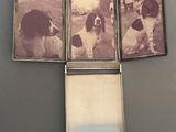 three old photos of dogs are hanging on a wall