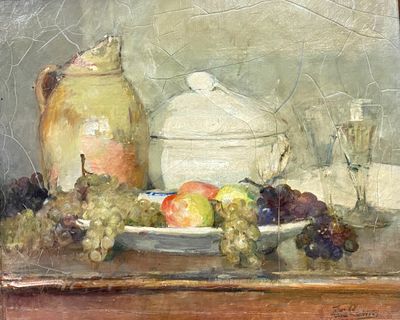 un tableau représentant des raisins, des pommes et une cruche posés sur une table