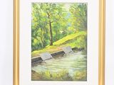 painting of a boat on a river with trees in the background