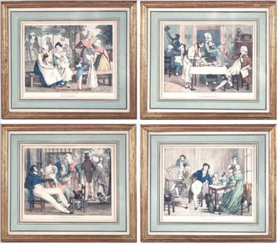 four framed pictures of a group of people sitting around a table