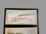 two framed pictures of a ship with smoke coming out of it