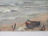 a painting of a boat on the beach by the water