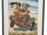 un tableau représentant deux chiens au volant d'une voiture sur la plage