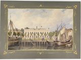 painting of a view of a building and boats in a body of water