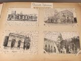 une vieille photo d'un livre contenant des images de bâtiments et de personnes