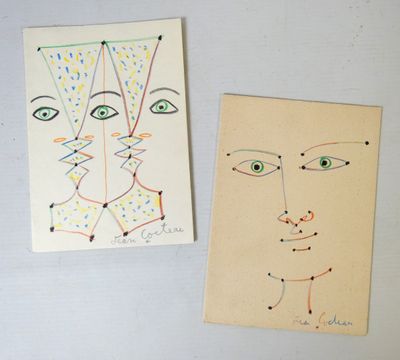 deux cartes sur lesquelles sont dessinés des visages, posées sur une table