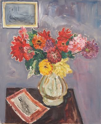 une peinture de fleurs dans un vase sur une table