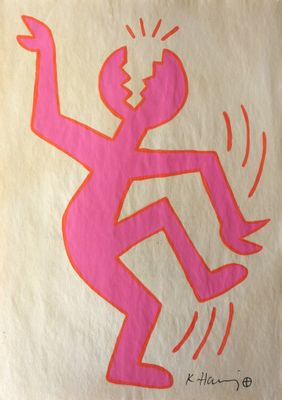 dessin rose représentant une personne sur un skateboard, sur un fond blanc
