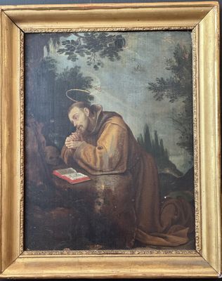 un vieux tableau représentant un homme en train de lire un livre dans un décor boisé