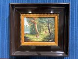 peinture à l'huile encadrée représentant un cerf dans un décor boisé