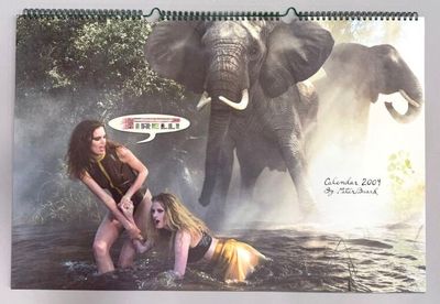 un calendrier sur lequel figurent une femme et un éléphant dans l'eau