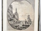 an old picture of a boat in a body of water with a lighthouse in the background