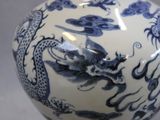 a blue and white vase with a dragon design on it