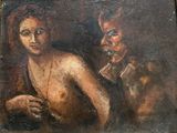 painting of a man and a woman with a devil ' s head in the background