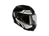Le casque est noir et blanc, avec une bande blanche sur le côté.