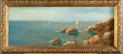 une peinture à l'huile représentant des voiliers sur l'eau, près des rochers