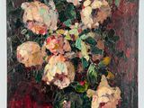 a painting of roses in a vase on a table