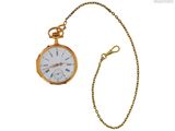 une image représentant une montre de poche en or avec une chaîne, sur fond blanc