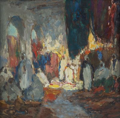 une peinture à l'huile représentant un groupe de personnes sur un marché