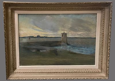 an oil painting of a boat in a body of water