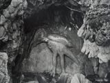 black and white photograph of a statue of a man with a fish in it ' s mouth